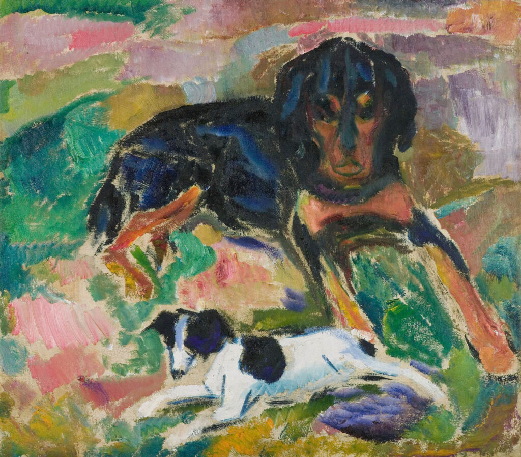 Klassieke schildering van een grote en een kleine hond die rustig naast elkaar liggen, symbool voor contact opnemen met Mini Maxi Dogs in Herpen.