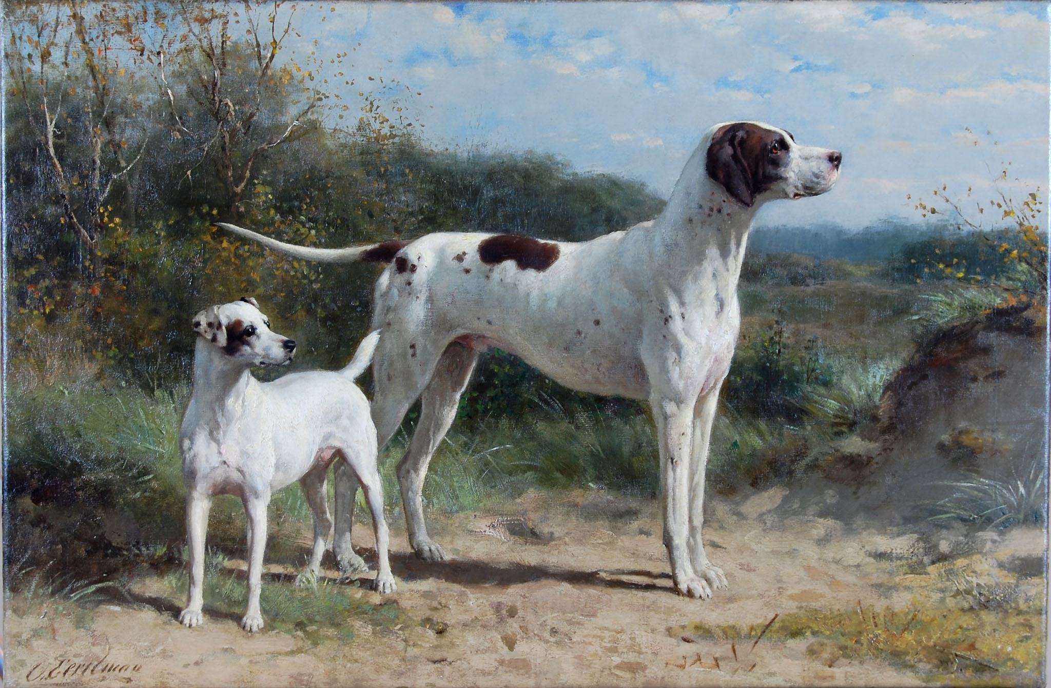 Klassieke schildering van twee jachthonden in het landschap, symbool voor samen de wereld verwonderen met hondentraining en hondenfotografie bij Mini Maxi Dogs in Herpen.